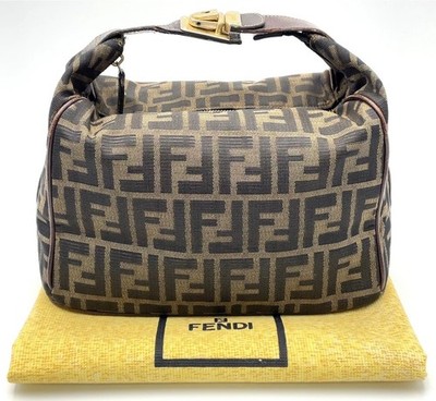 Auth Fendi Zucca FF Canvas Leather Khaki Brown One Handle Handbag W/D NS050921