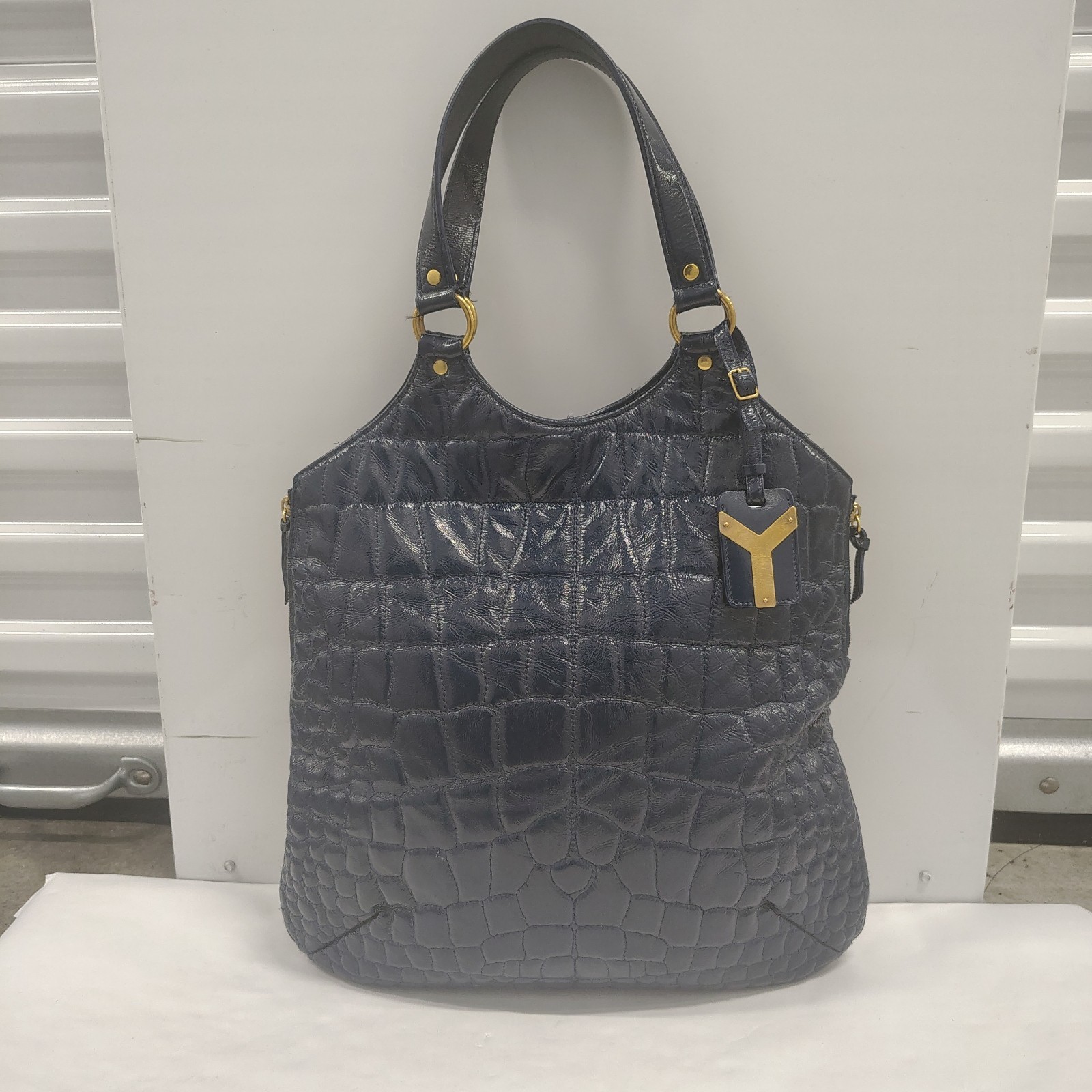 Yves Saint Laurent Tribute Blue Croc Embossed Patent Leather Large Tote Bag
