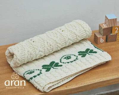 ARAN WOOLLEN MILLS Aran Baby Blanket 100% Merino Wool with Shamrocks Irish Knit Throw 30"x 38"