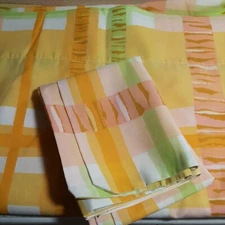 Vintage Burlington House TWIN Flat Sheet Yellow Peach Green 74”x96” + Pillowcase