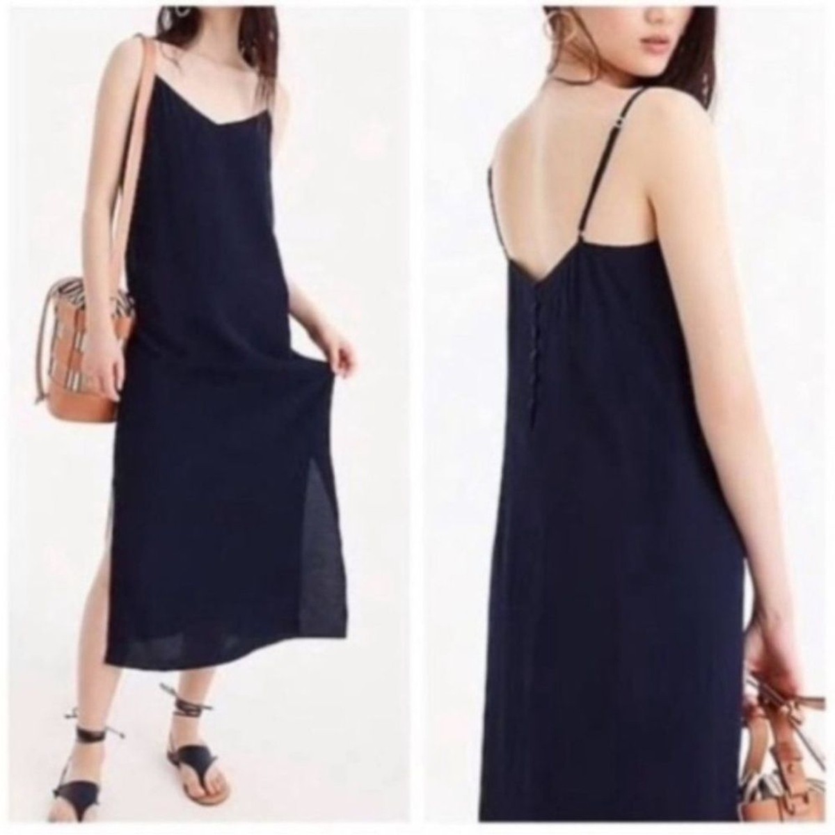 J.Crew Navy Button-Back Woven Crepe Slip Midi Dress, 0 | eBay