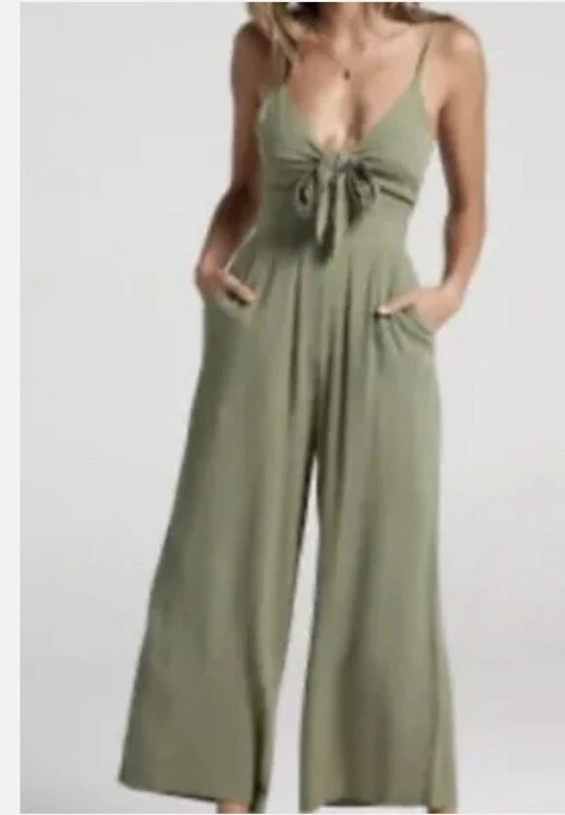 Showpo Wide Leg Spaghetti Strap Linen Blend Green Jumpsuit Size 4 with Pockets - Image 2 of 4