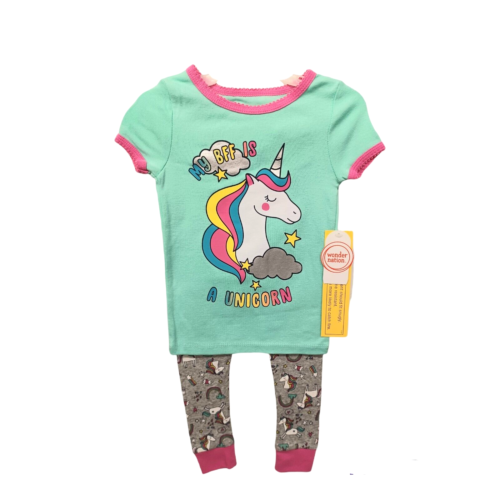 Wonder Nation Girls 2 Pc Unicorn BFF Pajama Set-3T-Mint Green-Short Sleeves