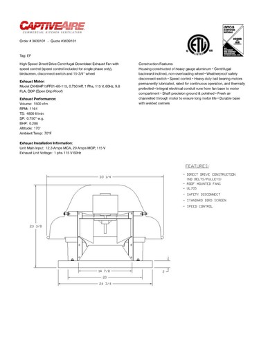 Direct Drive Centrifugal Downblast Roof Mounted Exhaust Fan 24.75" Base -DR85HFA - Picture 4 of 4