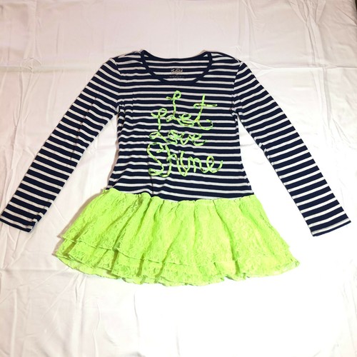 Justice Girls Size 12 Dress Navy White Stripe Lime Green Lace Let Love Shine - Picture 2 of 11