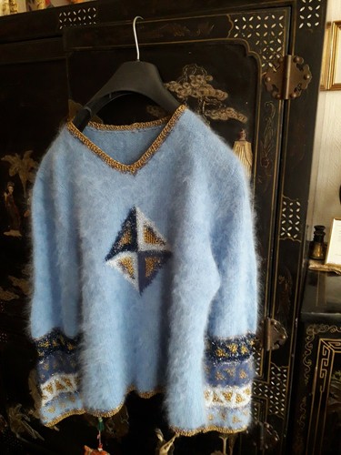 Pull En Angora Anny Blatt - Taille XL - Bleu Avec Motifs Losanges - Neuf Sans étiquettes