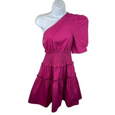 En Saison Sz L Celia Hot Pink Poplin One Shoulder Tiered Dress Vacation New