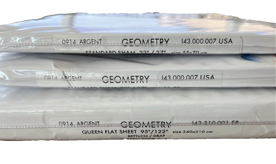 Anne de Solene~FRANCIA~Geometría~ARGENTE~1 Sábana Queen + 2 Fundas~Algodón SATÉN~NUEVO CON ETIQUETAS~ Foto 3 de 4