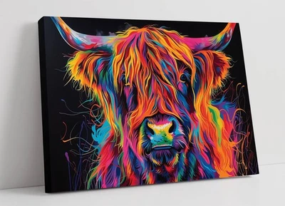 VIBRANT MULTI COLOUR HIGHLAND COW FRAMED CANVAS WALL ART PICTURE PRINT - Image 1 of 2