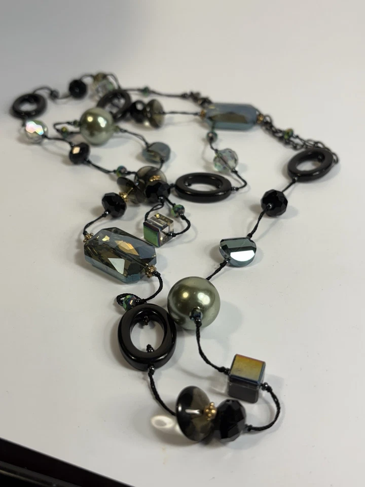 Necklace Long Glass Gemstones Aurora Borealis Premier Designs Signed Black - Image 2 of 4