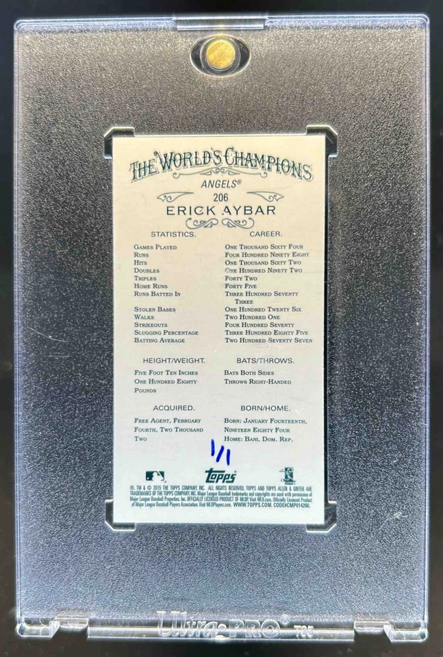 2015 Topps Allen & Ginter Erick Aybar Mini Glossy #1/1 Angels - Image 2 of 2