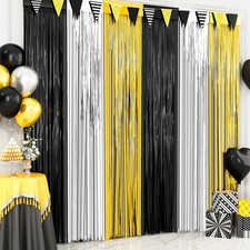 Black Gold Silver Metallic Tinsel Foil Fringe Curtains, 2 Pack 3.3x6.6 ft Bla...