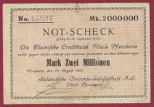 Rheinische Creditbank Filiale Pforzheim Not-Scheck 2 Mio. Mark 1923