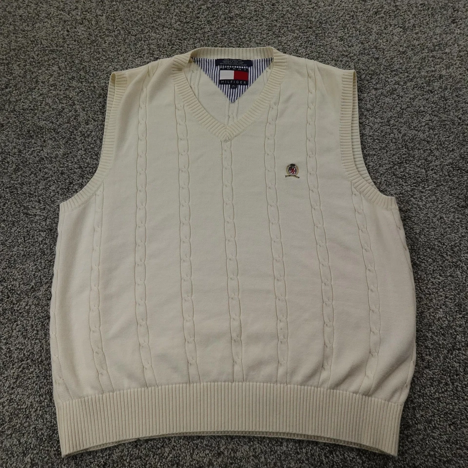 De Colección Tommy Hilfiger Chaleco Para Hombres M Beige Tejido con Cable Pullover Cuello en V Suéter Años 90 Y2K Foto 2 de 4