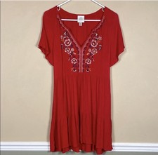 Knox Rose Women’s Floral Embroidered Red Multicolor Split Neck Mini Dress Sz XS