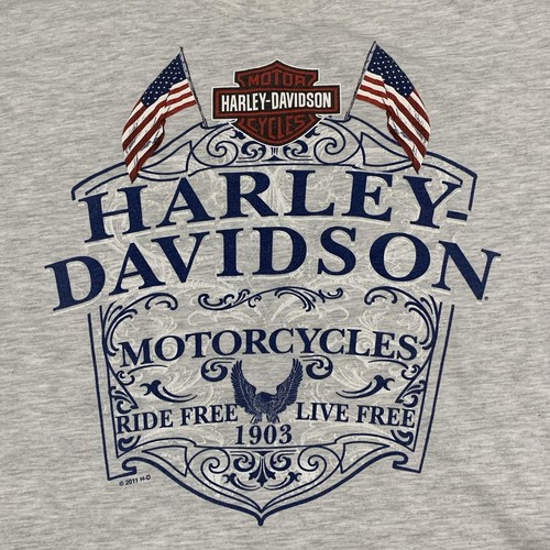 Harley Davidsons Mens Large Gray Short Sleeve T Shirt Chopper Pinup Girl Flag - Picture 3 of 9