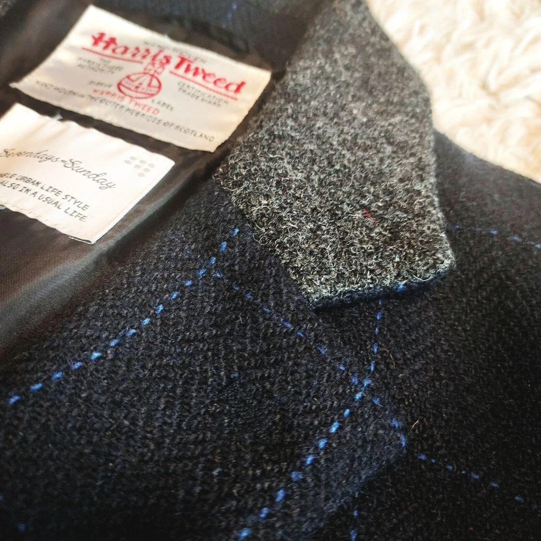 Harris Tweed Chesterfield Coat 100% Wool Navy Plaid Check Men's L Japan image 3