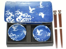 SET of 4 Japanese Sushi Plate Soy Bowl Chopsticks Dinner Set Crane Made in Japan