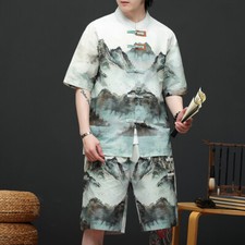 New Chinese style 2PCS Men's Summer Retro Printed Shirt Short Sleeve Shorts Sets