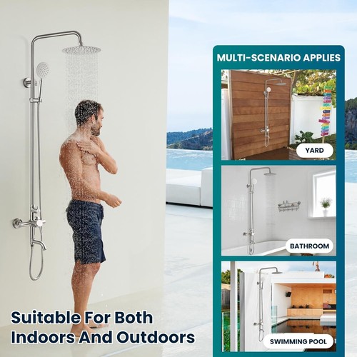 Brushed Nickel Exposed Shower System 8" Rain Shower Faucet set with Hand Shower - Picture 11 of 24