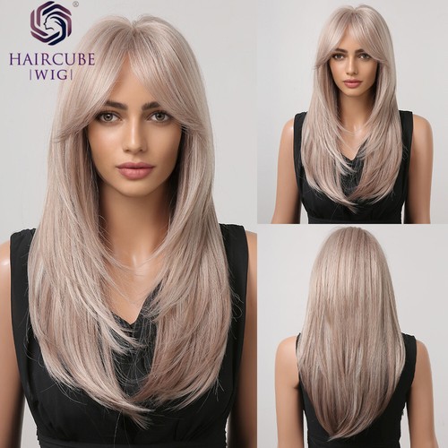 Long Straight Layered Black-Brown  Wigs With Bangs Heat Resistant Synthetic Wigs - Bild 12 von 18