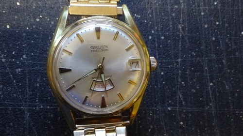Vintage GRUEN Precision Men's 522CD Day Date 17 Jewels 1960s Gold Plated Watch