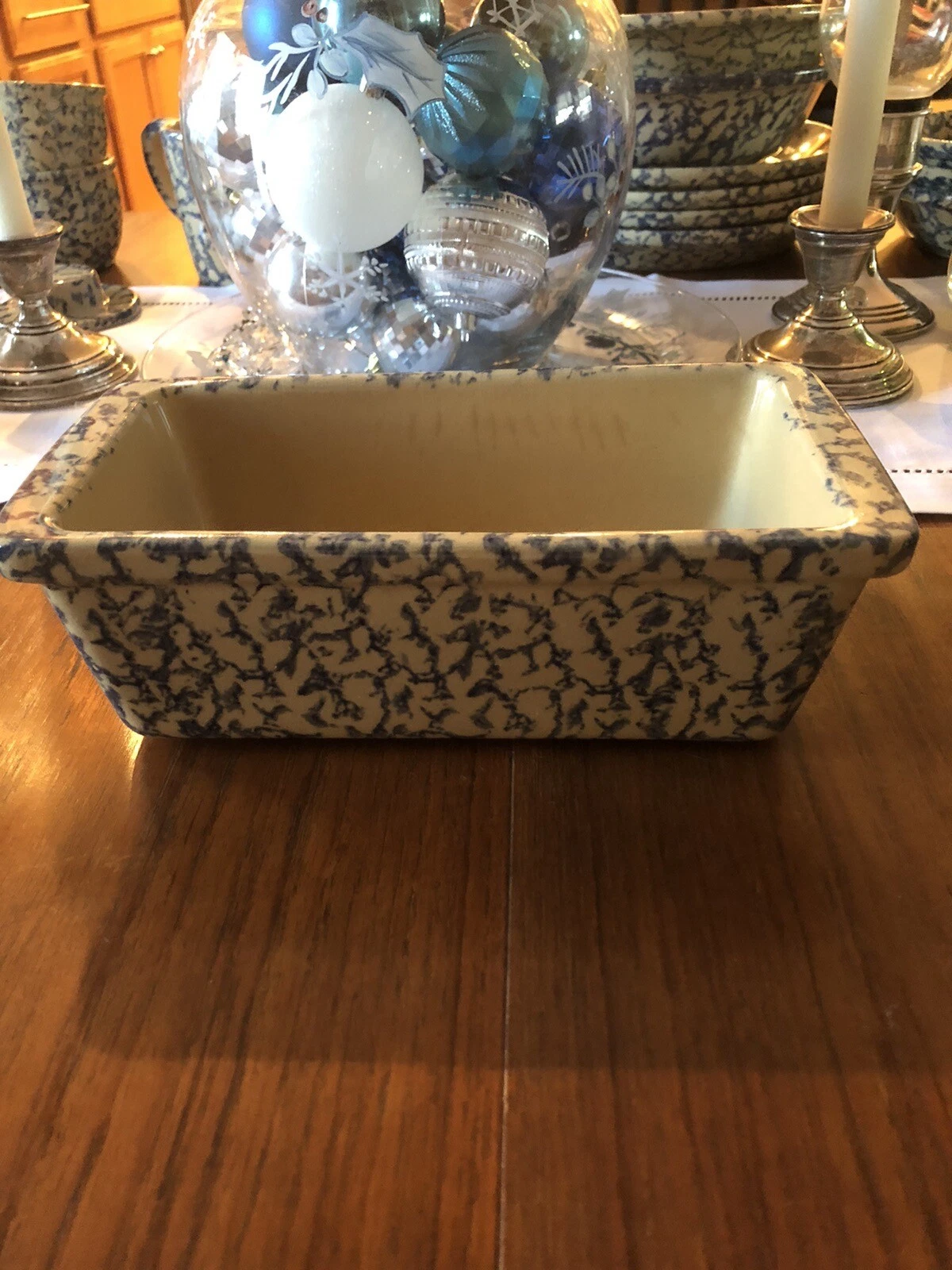 RRP CO Blue Spongeware Pottery Loaf Pan Of Roseville OH Workshops Stoneware