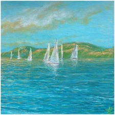 Seascape, sailboat , sunset Original painting on canvas 12x 12