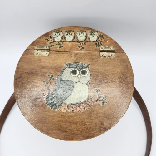 Vintage 70's Owl Lidded Wooden Basket Bucket Bag Purse Hinge Top Leather Strap - Bild 3 von 17