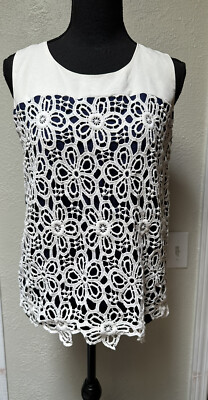 Francesca's Buttons Blouse Sleeveless Tank Navy Blue W/ Ivory Lace Overlay SZ S
