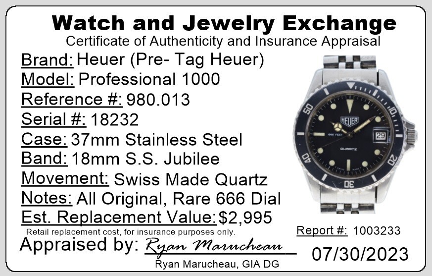 Early (Pre-Tag) HEUER 980.013 Black Quartz Diver Watch 666 Early (Pre-Tag) HEUER 980.013 Black Quartz Diver Watch 666