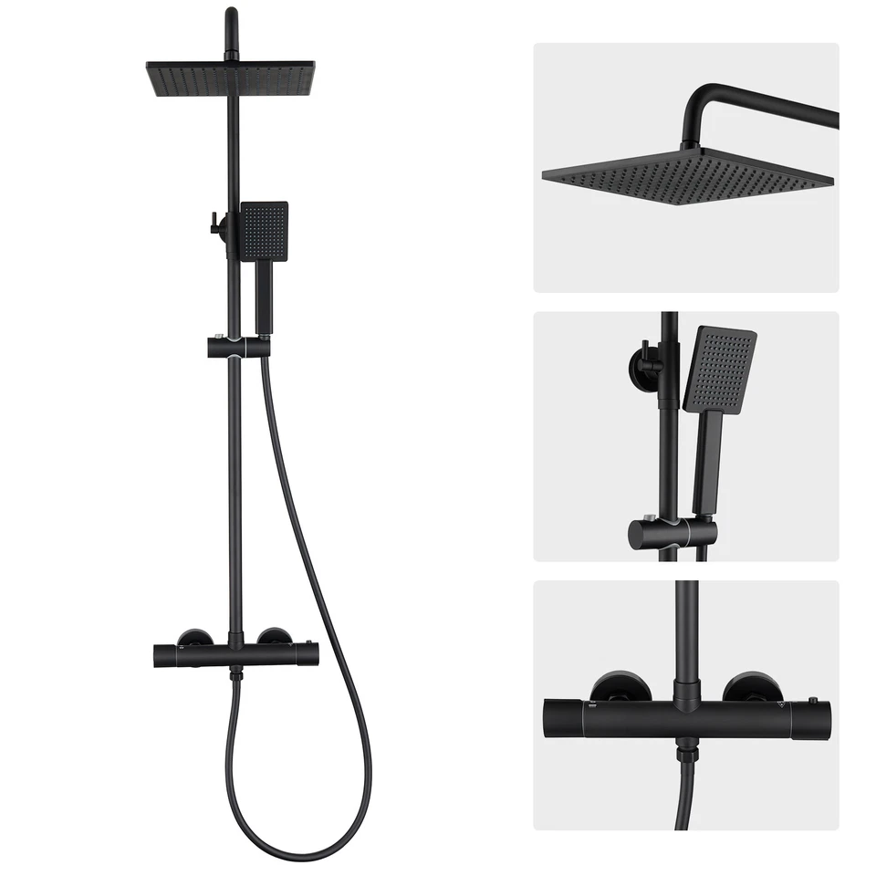 Regendusche Schwarz mit Thermostat Duscharmatur Handbrause Duschsystem Duschset  - Bild 2 von 4