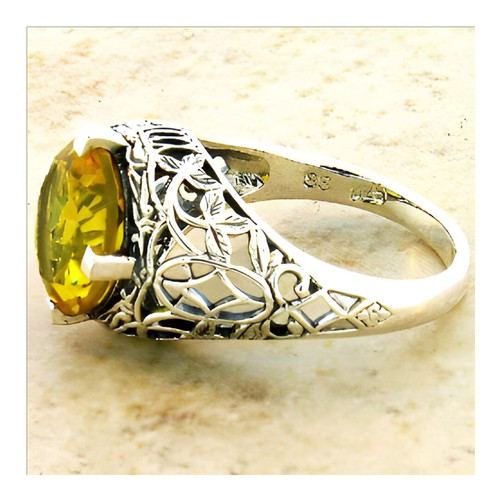 DECO ANTIQUE STYLE 925 STERLING SILVER 4 CARAT LAB CITRINE FILIGREE RING 119Z - Picture 4 of 4