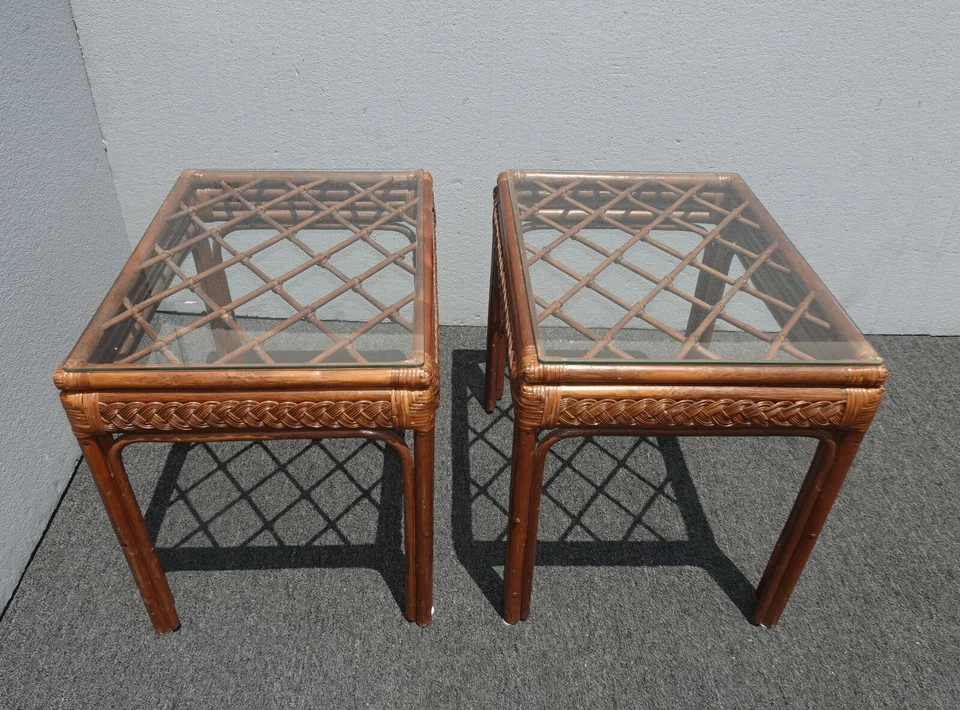 Пара винтажных столиков в деревенском стиле из бамбука ротанга коричневого цвета в стиле французского кантри  - Изображение 2 из 4