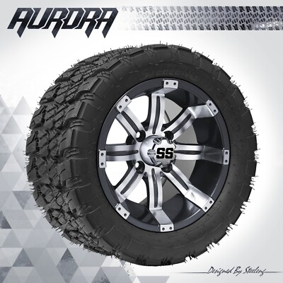 GOLF CART 12'' GUNMETAL 'TEMPEST' WHEELS and 20'' 'AURORA' HYBRID AT DOT TIRES
