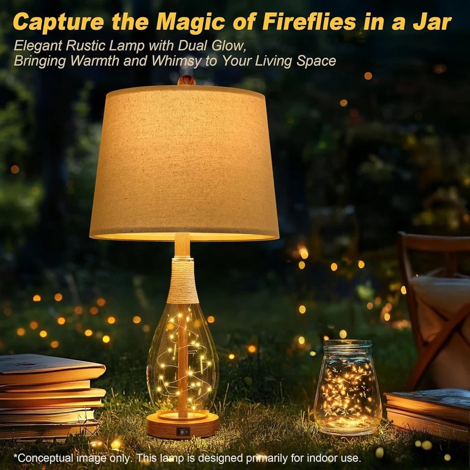 Juegos de 2 lámparas de mesa modernas USB A+C de 23" retro granja ratán vidrio Foto 4 de 4