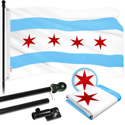 Flag Pole 6FT Black & Chicago Flag 3x5FT Combo Embroidered 300D Polyester