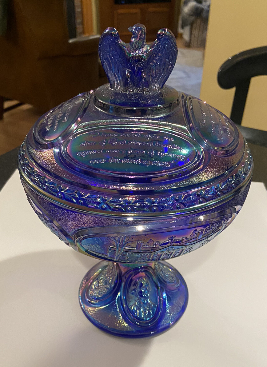 Fenton Blue Carnival Glass Bicentennial Covered Compote Candy Dish