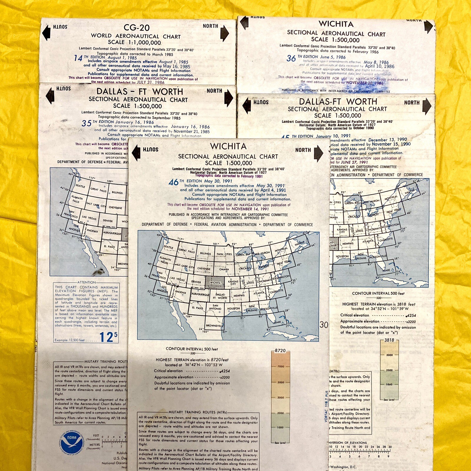 5 Vintage 80s Sectional Aeronautical Charts Wichita 86, 91 Dallas 86,91 ...