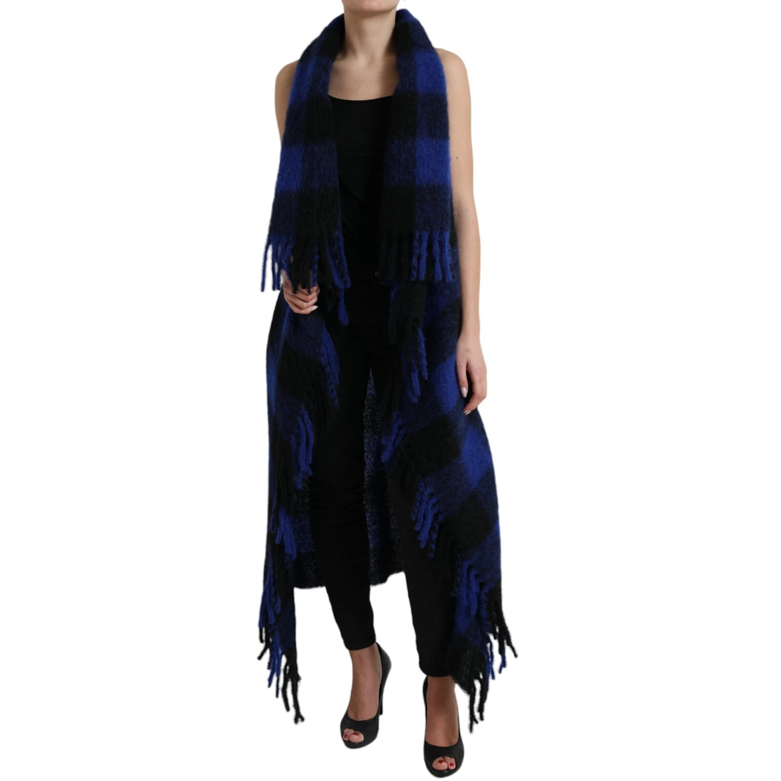 DOLCE & GABBANA Sweater Black Blue Buffalo Check Poncho Coat IT40/US6/S 1500usd
