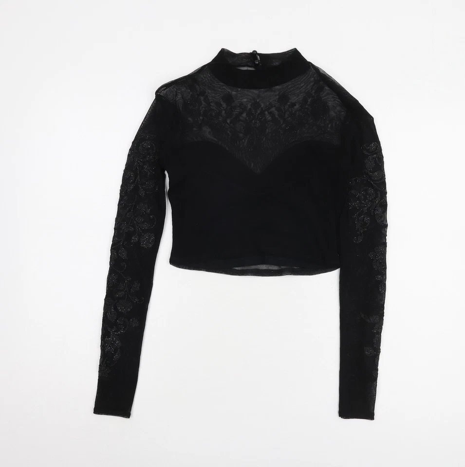 Lipsy Women's Black Cropped Blouse, Size 10, Embroidered Elegance - Image 2 of 4