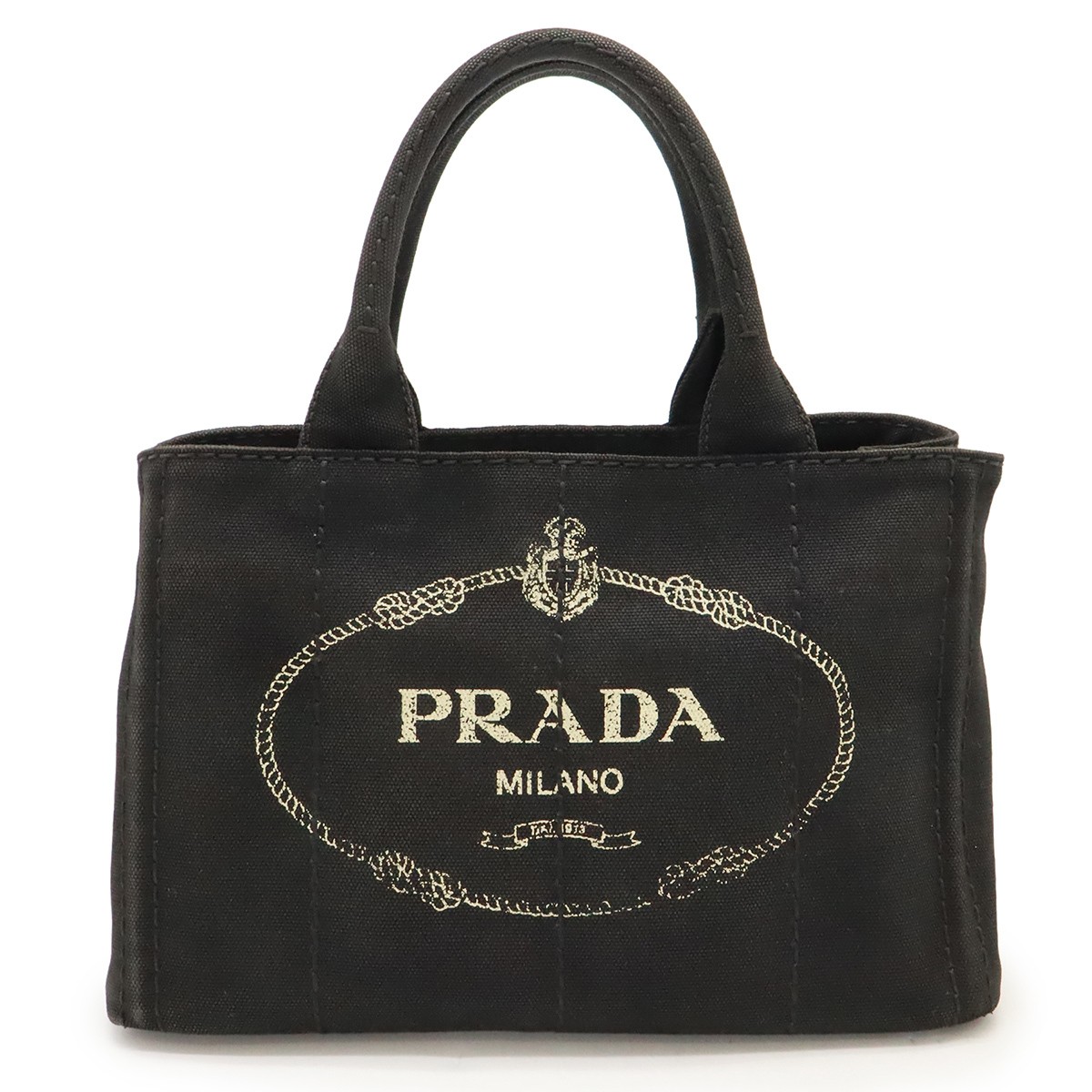 PRADA CANAPA Tote Bag Handbag Canvas NERO Black Gold Hardware Shoulder Strap Mis