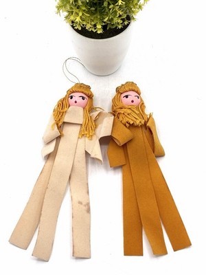 Vintage Folk Art Angel Ornaments Set of 2 Felt Yarn Hair Painted Wood Head
