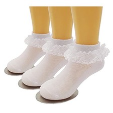 Girls Ruffle Lace Eyelet Frilly Ankle Dress Socks for 5-7 Years White