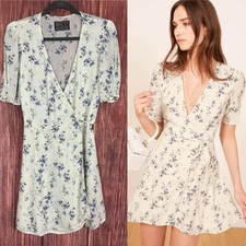 Reformation Lucky Dress Cream Blue Floral Wrap Dress Girly Coquette Size Large L