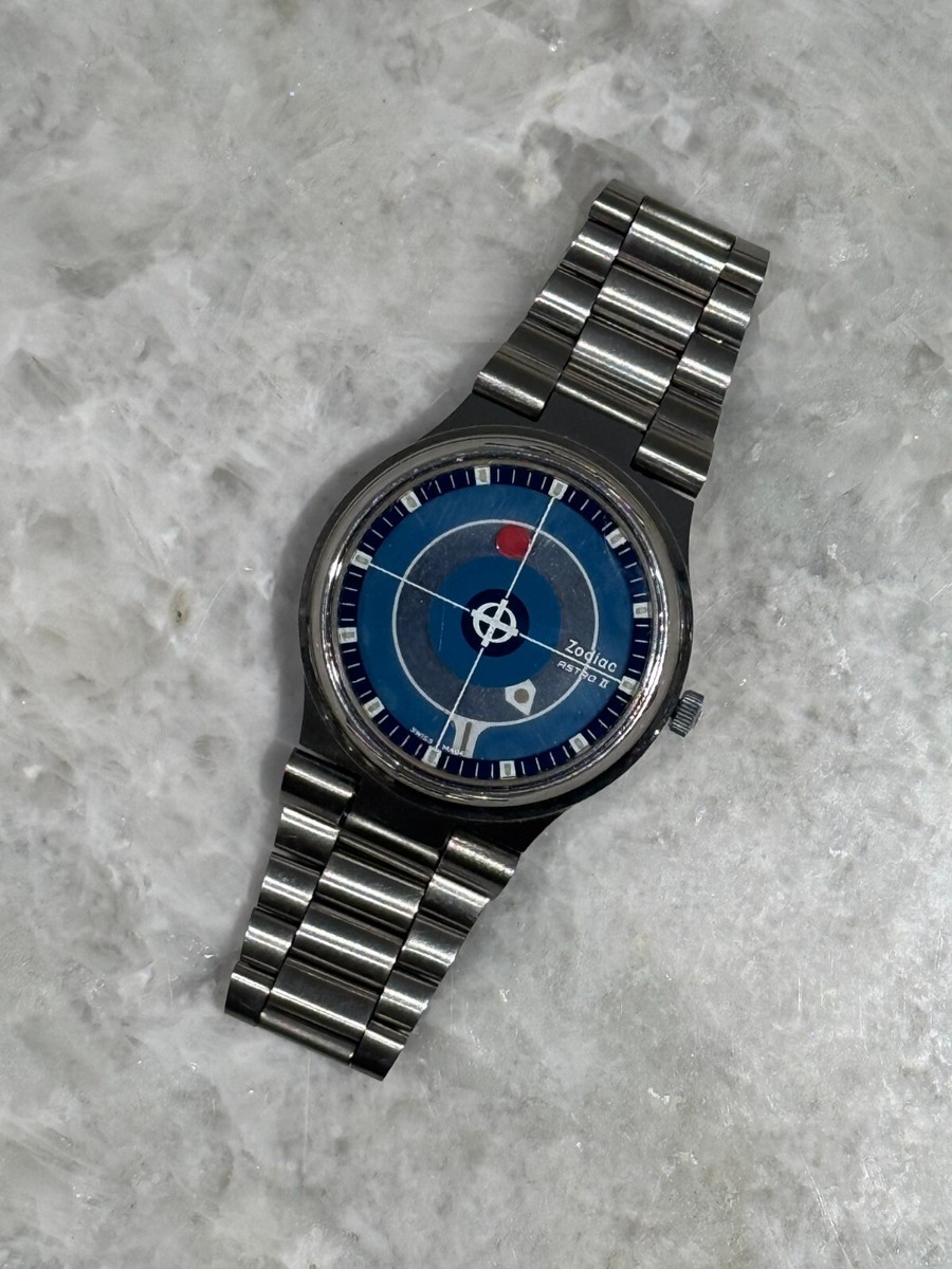 Steel Mystery Dial Zodiac Astro II 1970's Integrated Bracelet