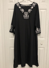 Collections Etc Kaftan Caftan Tunic Dress Womens Sz XL Black White Embroidery