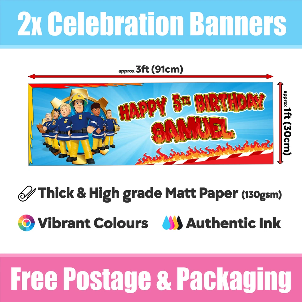 Personalised Fireman Banners Birthday / Celebration  - Any Name & Age x 2 — 第 2/3 张图片