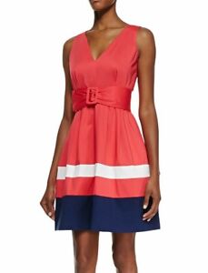 Red and White A-Line Color Block Dress