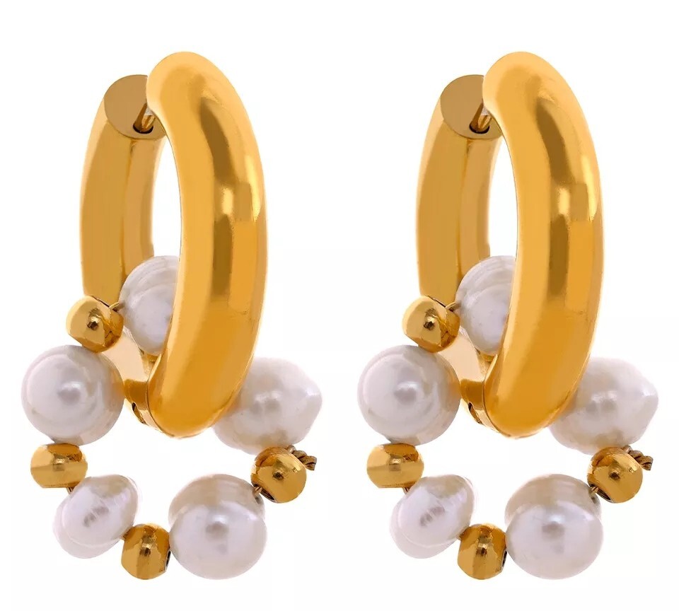 Gold-Plated Pearl Drop Hoop Earrings for Women – Stylish Dangle Huggie Jewelry Gift-image